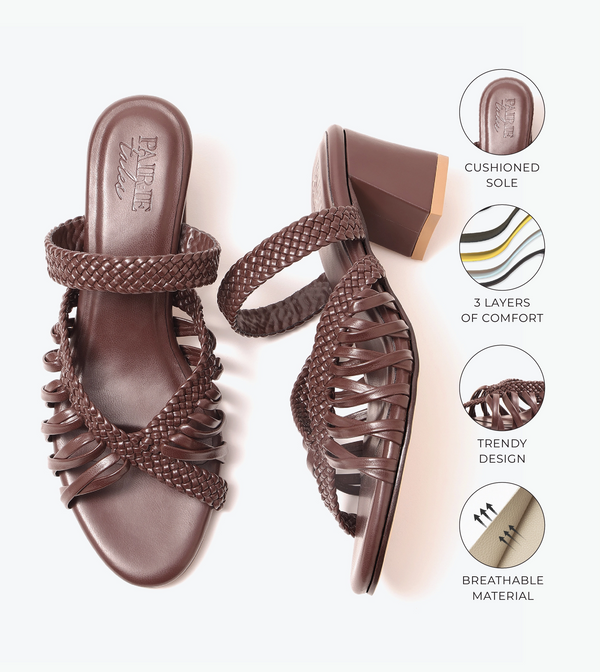 Woven Crossover Block Heel - Brown