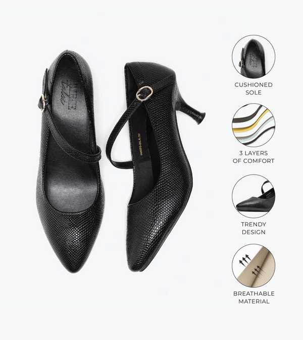 Textured Pointed-Toe Mary Jane Pumps - Black