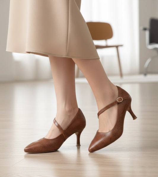 Textured Pointed-Toe Mary Jane Pumps - Brown