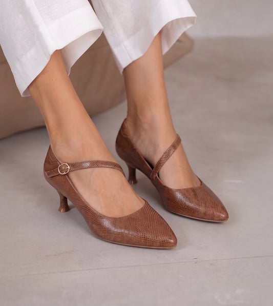 Textured Pointed-Toe Mary Jane Pumps - Brown