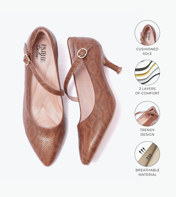 Textured Pointed-Toe Mary Jane Pumps - Brown