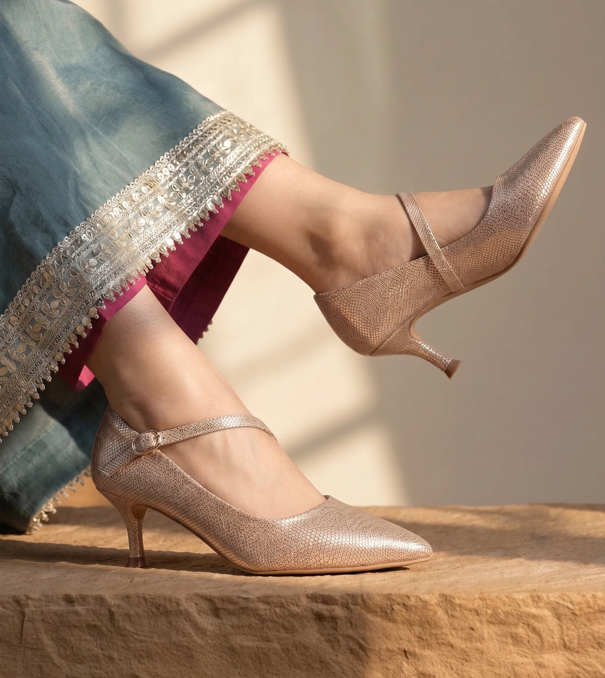 Textured Pointed-Toe Mary Jane Pumps - Golden