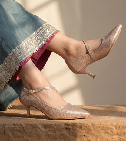 Textured Pointed-Toe Mary Jane Pumps - Golden