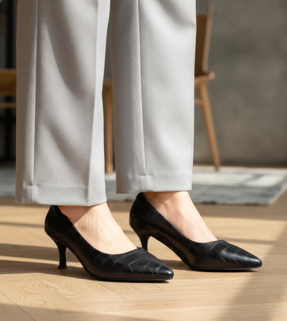 Textured Pointed Toe Pumps - Black