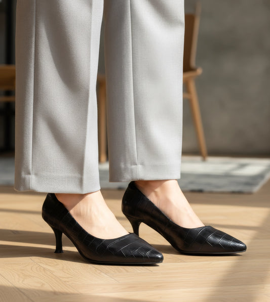 Textured Pointed Toe Pumps - Black