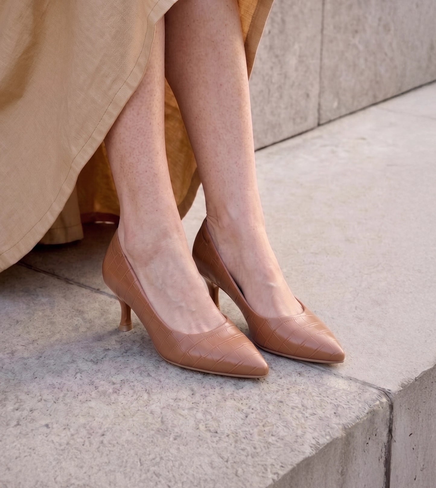 Textured Pointed Toe Pumps - Tan