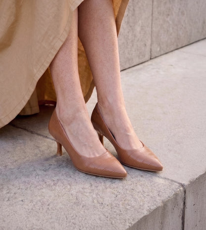 Textured Pointed Toe Pumps - Tan