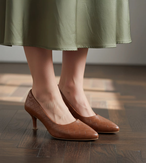 Textured Pointed Toe Pumps - Camel