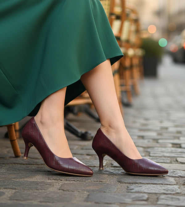Textured Pointed Toe Pumps - Wine