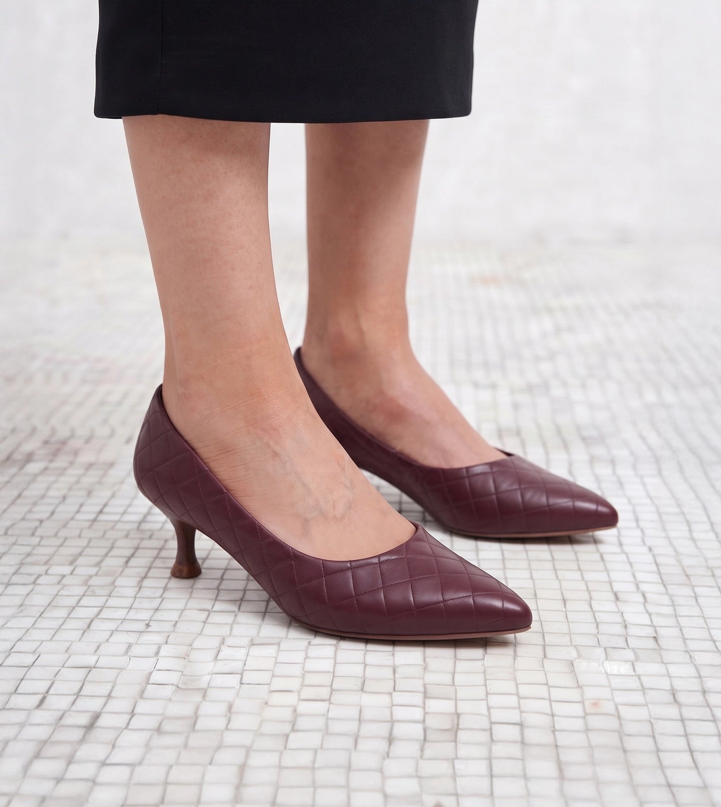 Textured Pointed Toe Pumps - Wine