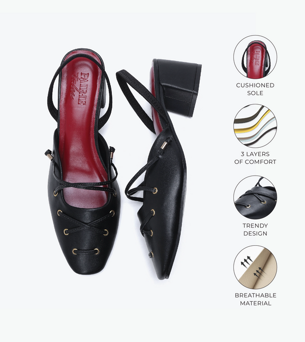 Lace-Up Slingback Heels - Black
