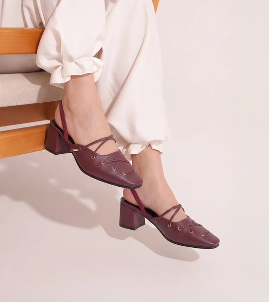 Lace-Up Slingback Heels - Wine