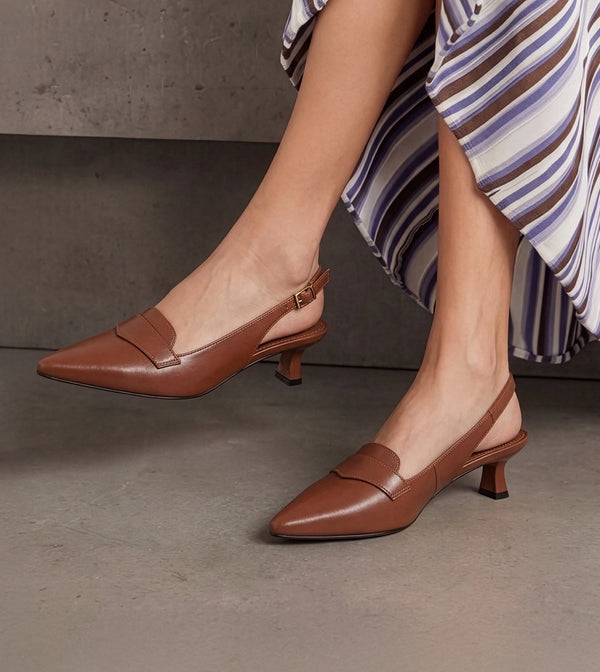 Saddle Strap Slingback Heels - Tan