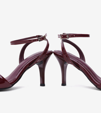 Ankle strap stilettos for women in wine, 3-inch heel, pair, close-up