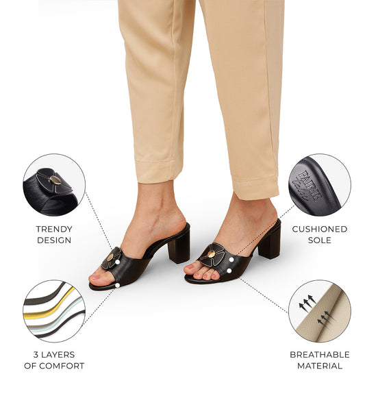 Floral Metallic Adornment Block Heeled Sandals - Black