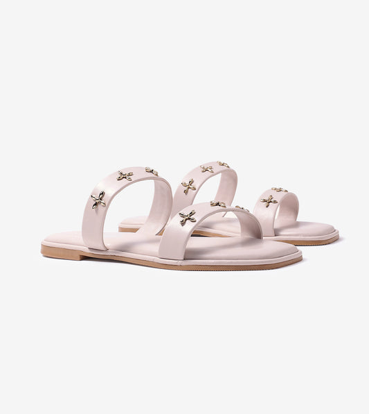 Double Strap Embellished Flat Sandals - Beige