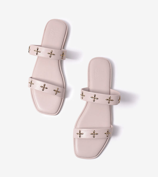 Double Strap Embellished Flat Sandals - Beige