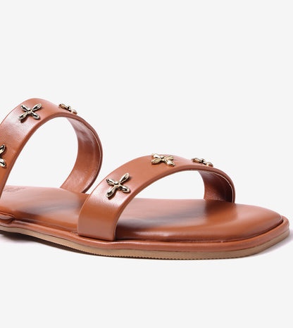 Double Strap Embellished Flat Sandals - Tan
