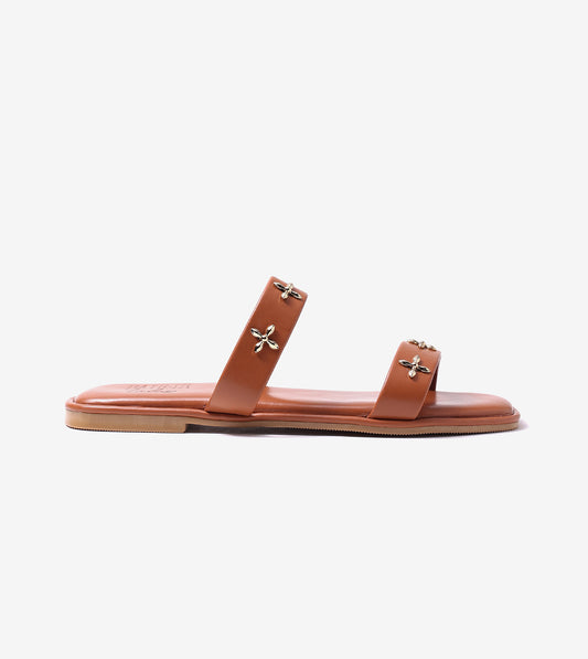 Double Strap Embellished Flat Sandals - Tan