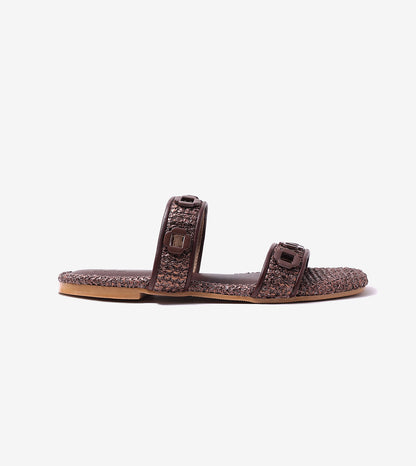 Double Strap Slide Sandals With Metal Adornment - Tan