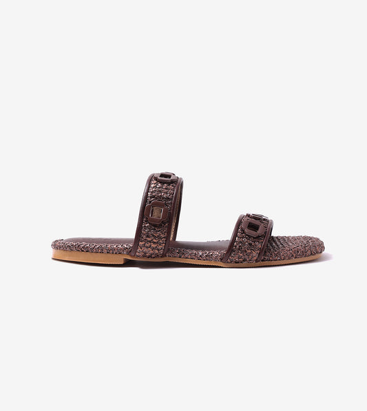 Double Strap Slide Sandals With Metal Adornment - Brown