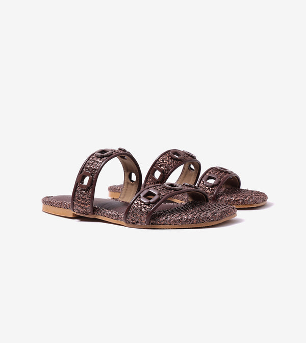 Double Strap Slide Sandals With Metal Adornment - Brown
