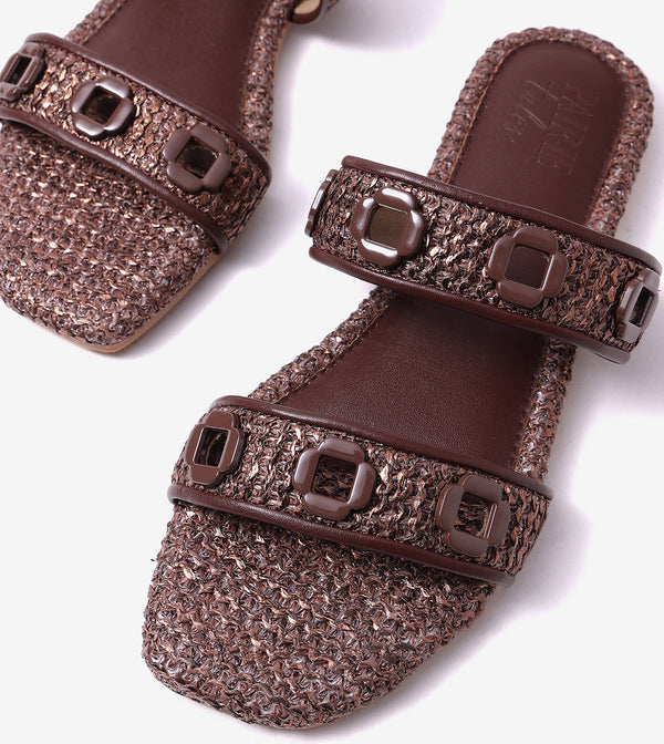 Double Strap Slide Sandals With Metal Adornment - Brown