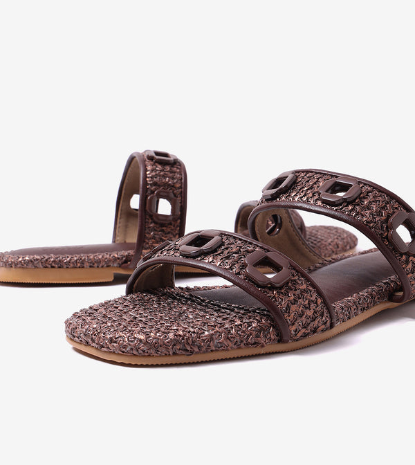 Double Strap Slide Sandals With Metal Adornment - Brown