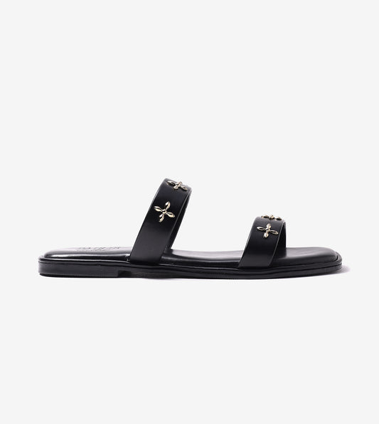 Double Strap Embellished Flat Sandals - Black