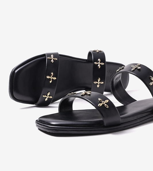 Double Strap Embellished Flat Sandals - Black