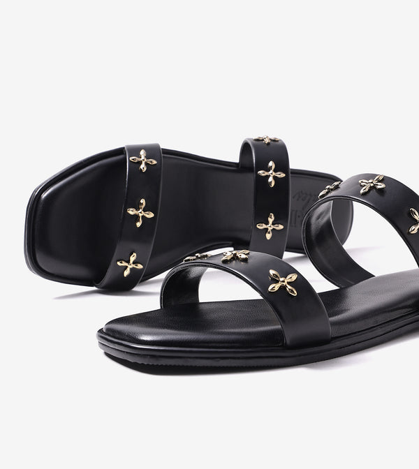 Double Strap Embellished Flat Sandals - Black