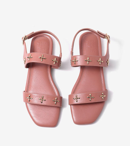 Double Strap Sandals With Metal Adornment - Tan
