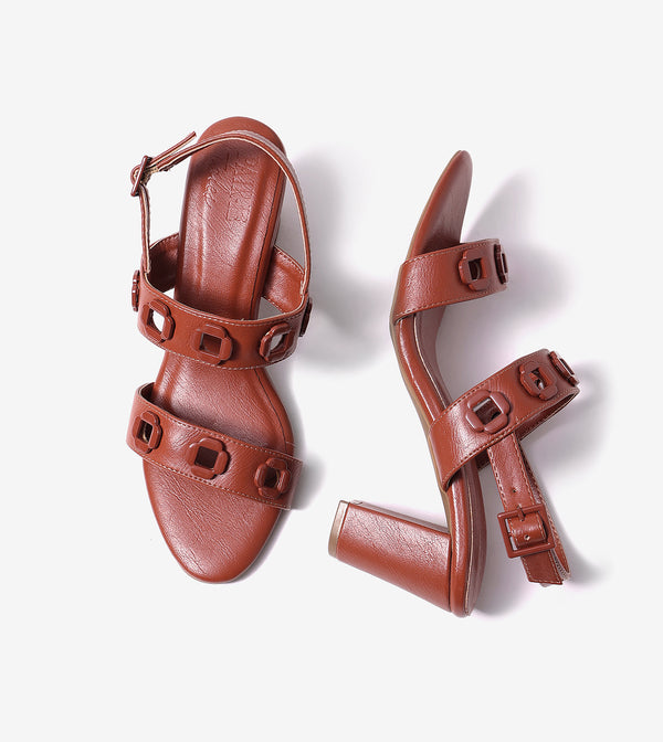 Block-Heel Sandals With Metal Appliques - Tan