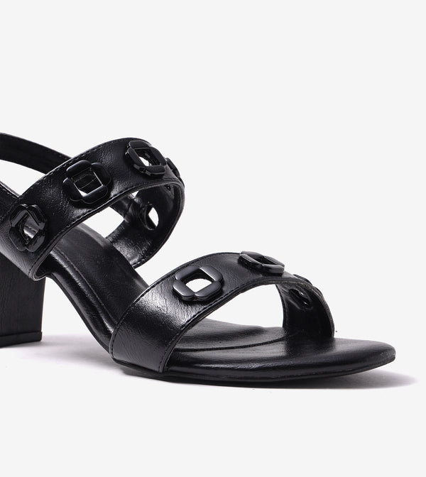 Block-Heel Sandals With Metal Appliques - Black
