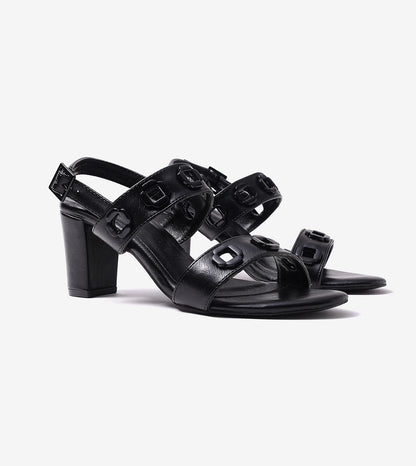 Jute Block-Heel Sandals With Metal Appliques - Black