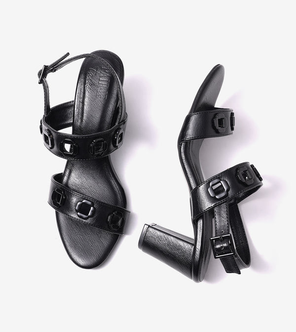 Block-Heel Sandals With Metal Appliques - Black