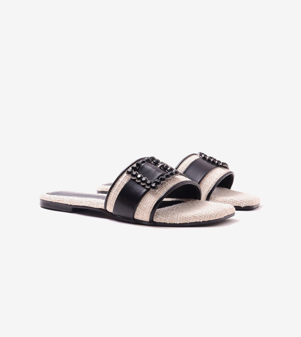 Embellished Buckle Slip-On Flats - Cream