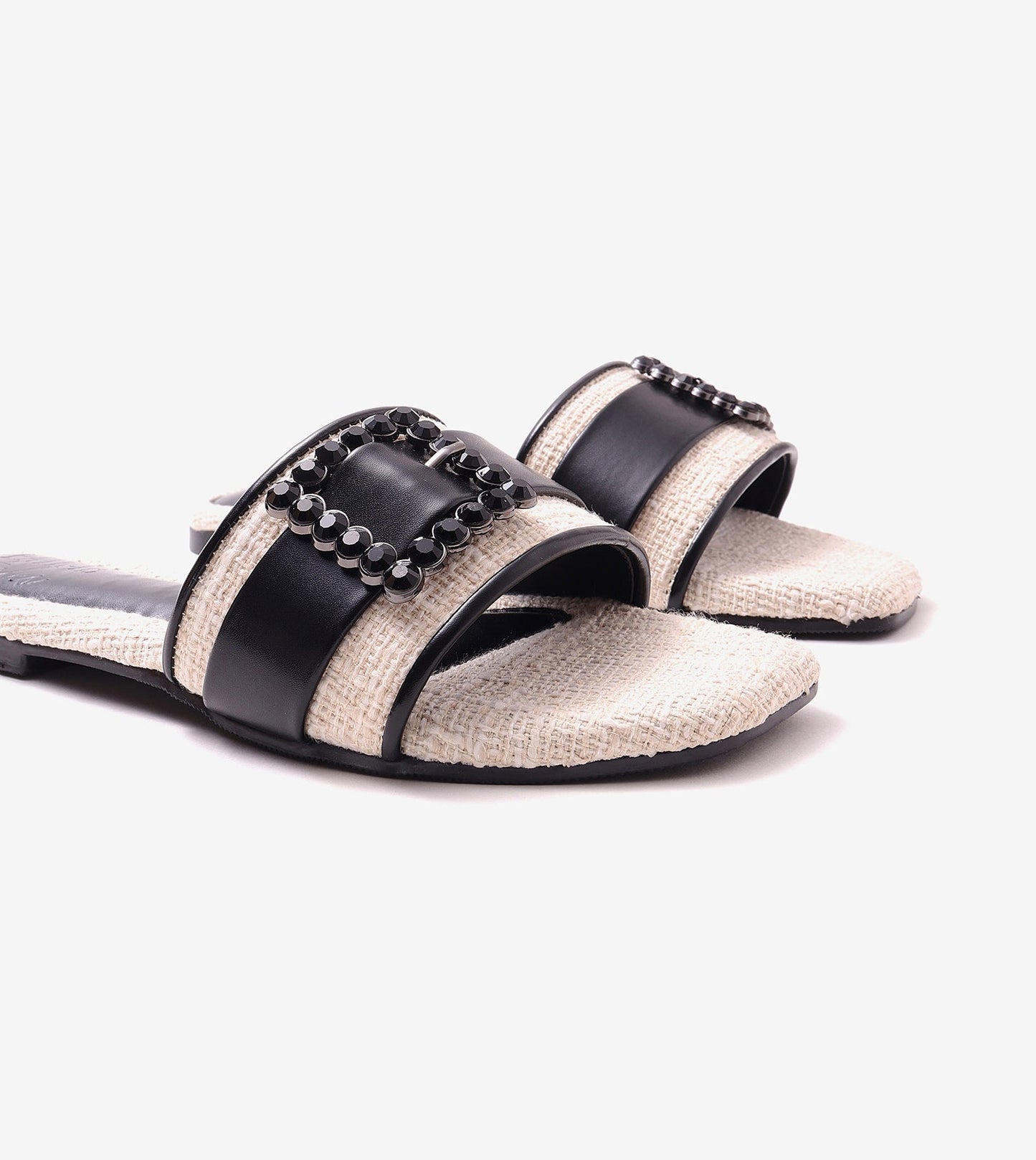 Embellished Buckle Slip-On Flats - Cream