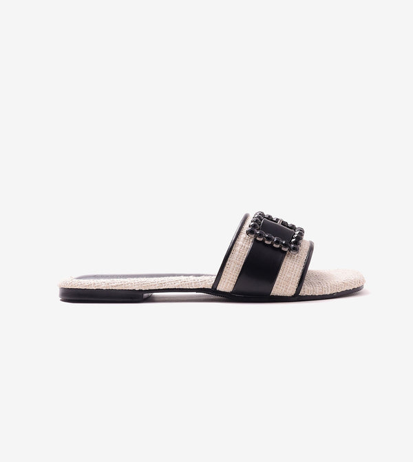 Embellished Buckle Slip-On Flats - Cream