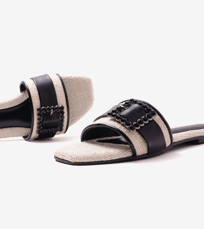 Embellished Buckle Slip-On Flats - Cream