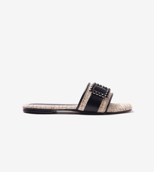 Embellished Buckle Slip-On Flats - Beige