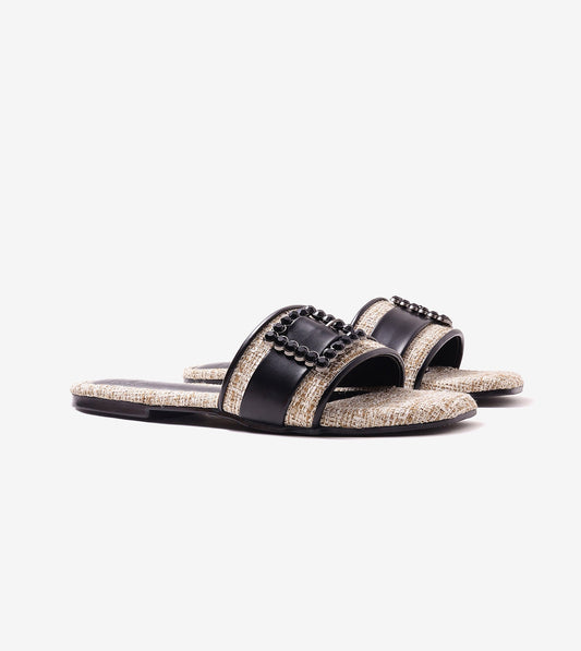 Embellished Buckle Slip-On Flats - Beige