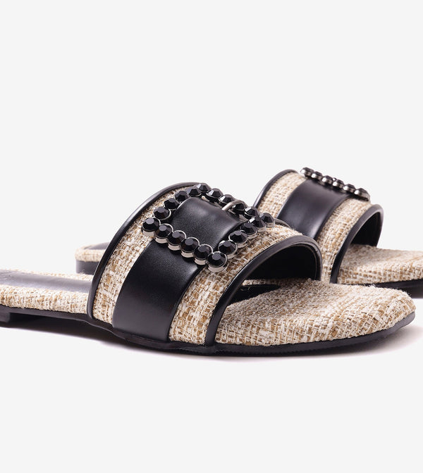 Embellished Buckle Slip-On Flats - Beige