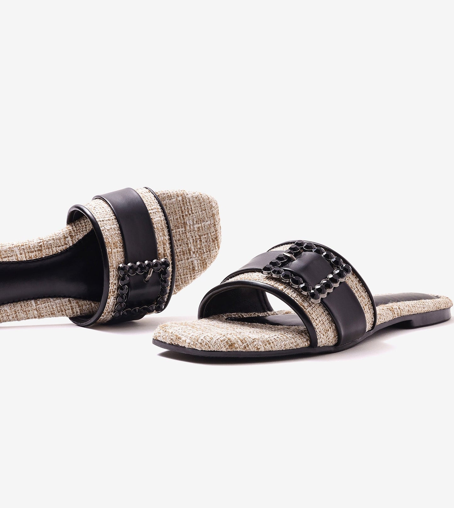 Embellished Buckle Slip-On Flats - Beige