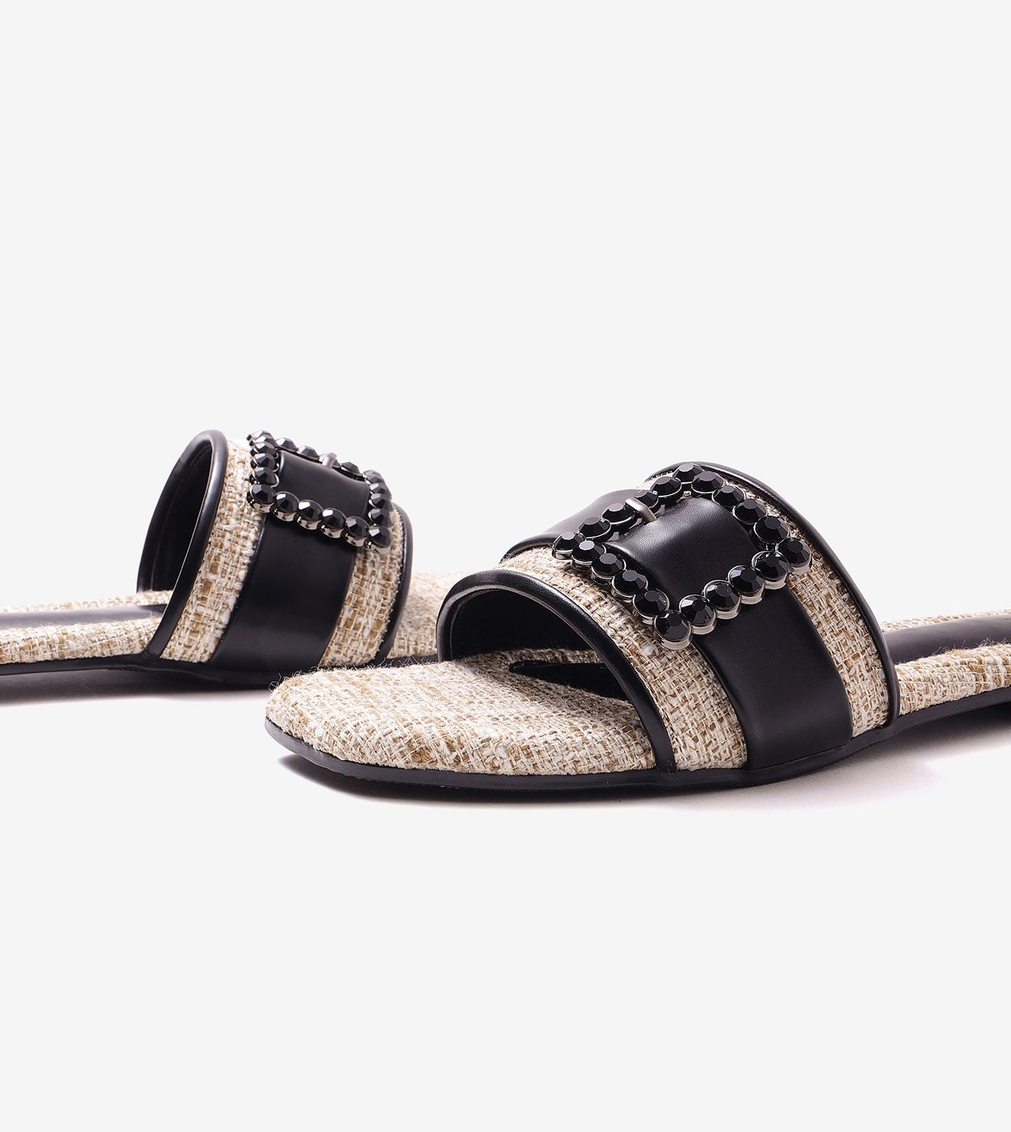 Embellished Buckle Slip-On Flats - Beige