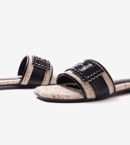 Embellished Buckle Slip-On Flats - Beige