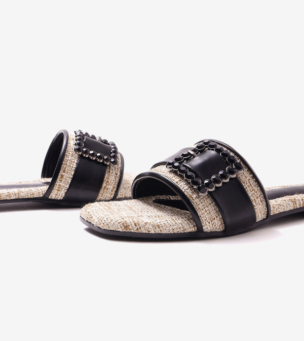 Embellished Buckle Slip-On Flats - Beige