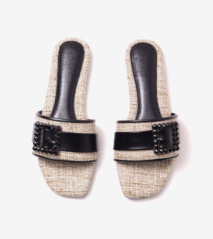 Embellished Buckle Slip-On Flats - Beige