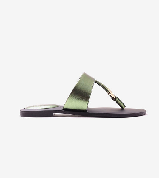 Color Block T-strap Flats - Metallic Green