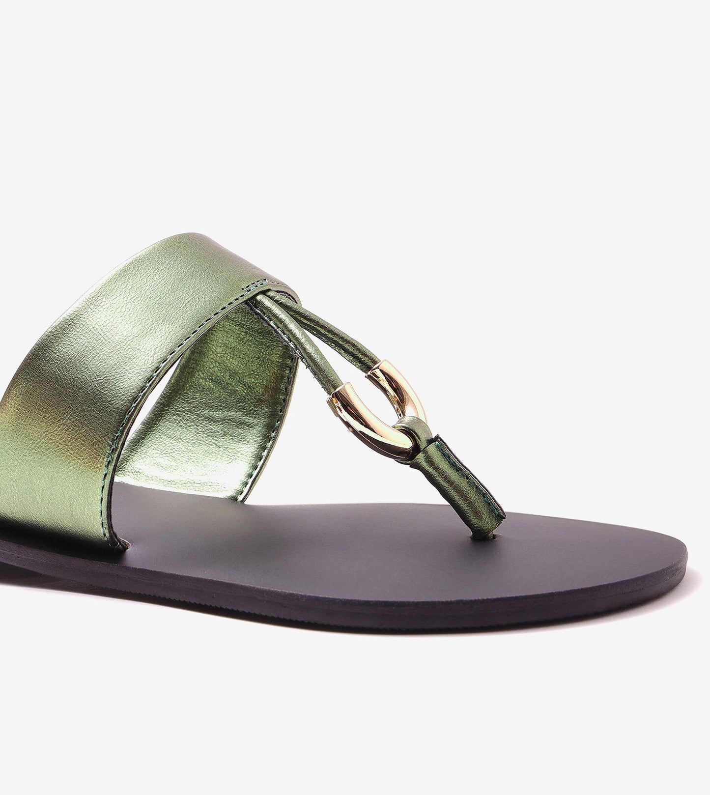 Color Block T-strap Flats - Metallic Green
